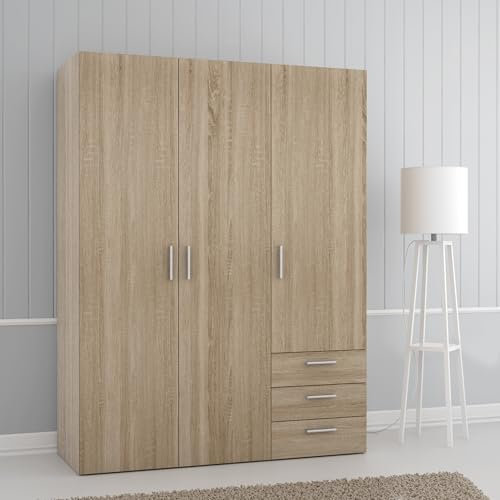 FORTE Brooklyn klassischer Kleiderschrank 140, Schrank mit 3 Türen und 3 Schubladen, Holzwerkstoff, Sonomaeiche Dekor, 139,4 cm breit, 185 cm hoch, 54,2 cm tief