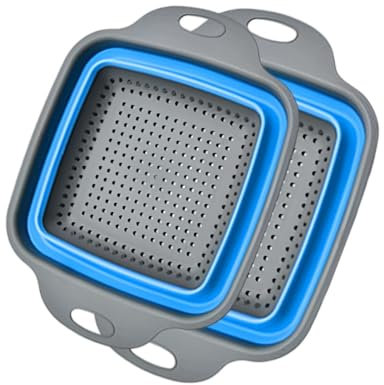 2 Stück Faltbarers Seiher Sieb Set, Küche Silikon Klappbar Abtropfsieb Nudelsieb Küchensieb Abwaschschüssel für Nudeln, Obst, Gemüse, Blau 2 Größe