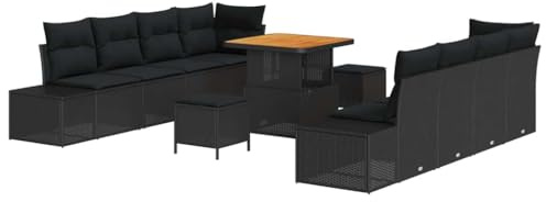 vidaXL 11-delat trädgårdsoffset med kuddar Svart Poly Rattan Akacia Utomhusmöbelseating Sektionell Mjuk Altan Modulär Couch Tre-sits Soffor