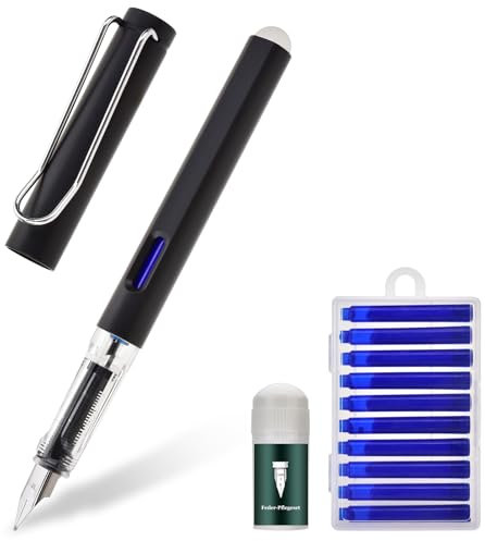 LVZONGXIN Radierbarer Füllfederhalter, [ Blaue ] Füllhalter mit ergonomischem Griff & Stahlfeder in Strichbreite M, blauer Tinte I inkl. 11 Patrone, Schreiben, Radieren