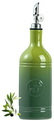 MIKIGEY Olive Oil Dispenser Bottle with Spout, 18 oz Ceramic Oil Dispensers for Kitchen, Opaque Cruet, EVOO & Vinegar Bottle with Automatic Stainless Steel Pourer, Pack of 1, Gradient Green