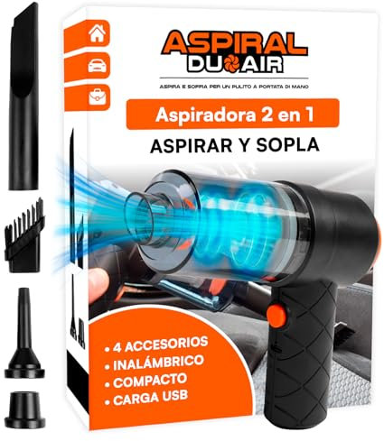 Eurocali Aspiradora Mano Coche sin Cable Hogar y Oficina - Aspiral DuoAir Mini Aspirador y Soplador Portátil 2en1 con Carga Rápida USB y 4 Accesorios Incluidos - Dimensiones: 14x15,5x5,5cm