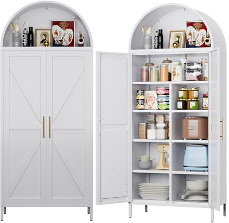 JAORD Metal Arched Pantry Cabinet with 6 Adjustable Shelves, Farmhouse Tall Arched Cabinet with 2 Doors for Kitchen，Living Room,White, Assemble Required,15.4 D x 30.7 W x 72.8 H