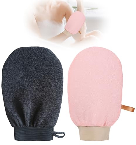 Ruvan 2 guantes exfoliantes para baño, adecuado como esponja de ducha, baño, sauna, accesorio para hammam, como guante de lavado corporal, negro y rosa