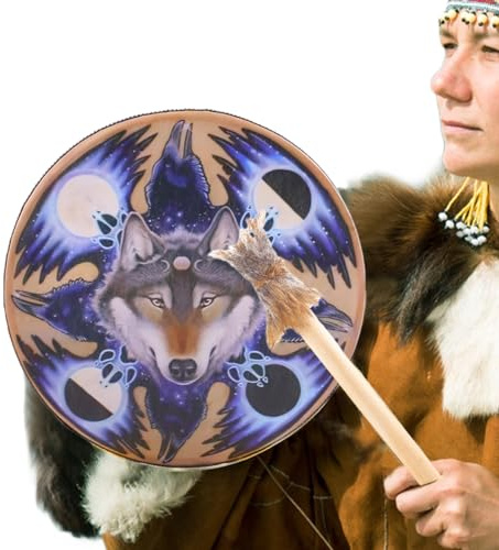 Sound Healer Shaman trumma – 23 cm handtrummor, vargmotivdesign, andligt musikinstrument med meditativ reflektionsfunktion | praktiska trummor för ceremoni rituell meditation shamanisk helande