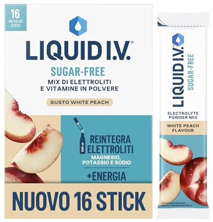 Liquid I.V. Sugar Free 16 sticks, Integratore con Elettroliti Senza Zucchero, per Idratazione Quotidiana, con Magnesio, Sodio e Potassio, con Vitamine B3, B5,B12 e C, Vegano, White Peach