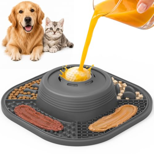 Tapis & Bol de Léchage pour Chiens Chats avec Ventouses, orantronx Tapis d'alimentation Lente en Silicone avec Balle à Lécher Amusante, 4 Textures, Jouets Animaux pour Alimentation Humide Sèche, Gris