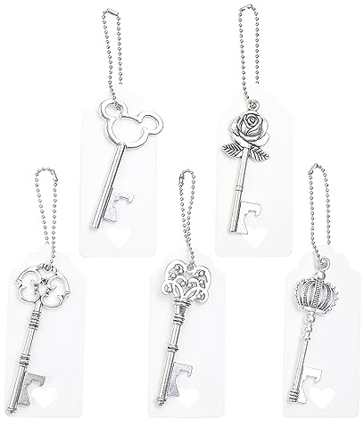 Aokbean 50pcs Mixed Style Skeleton Vintage Key Bottle Opener Wedding Party Favors Guest Gift Set with Blank Tags and Keychain (Silver)