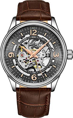 Stuhrling Original Montre Squelette Automatique pour Homme avec Bracelet en Cuir véritable et Mouvement mécanique à remontage Automatique