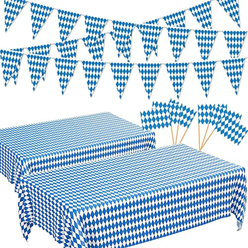 Oktoberfest Tischdecke 44 STK. Bayerische Deko Bayrische Flagge Zahnstocher Flaggen Wimpelkette Kuchendeko Tischdecke für Außenbereich Bayernraute Blau Weiß (128 x 275cm)
