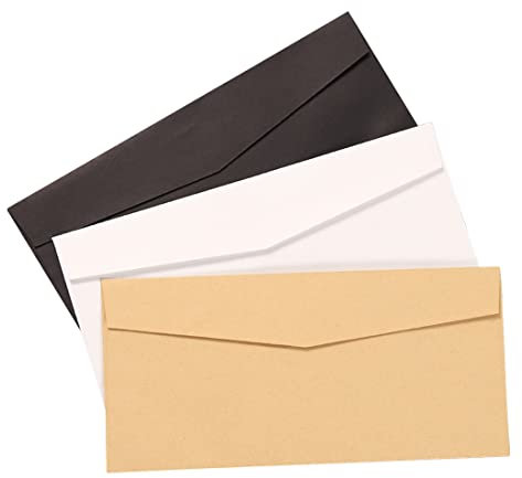 10 Stücke Brief Umschläge DIN Lang,110 x 220 mm (11 x 22 cm),Schwarz, Weiß, Kraftpapierfarbe,Nassklebung ohne Fenster,Ideal für Einladungs-Karten,Hochzeit, Gruß-Karten, Einladungen