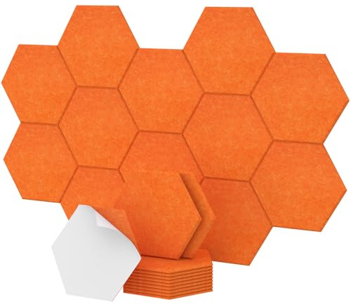TONOR 12-pack Sexkantiga Akustikpanel, 30×26×1 cm Självhäftande Akustiska Paneler, Hög Densitet Ljudabsorbent Hexagon Ljudisolering för Studio/ Kontor/Sovrum/Vardagsrum, Orange