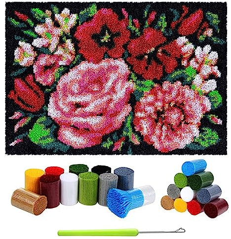 Knüpfteppich Latch Hook Kit DIY Tapisserie Teppich Zum Selber Knüpfen, Knüpfsets Knüpfen Set Kreuzstich Set Teppichherstellungs Handarbeit für Anfänger Erwachsene Kinder, 69x102cm Blume