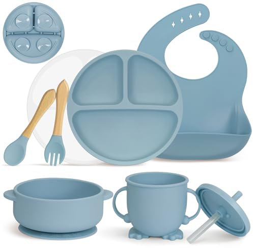 MOJINL Silikon Baby Geschirrset, Rutschfest Kindergeschirr Set mit Saugnapf, 7 Stück BPA Frei Esslernbesteck Sets mit Löffel Gabel Schüssel Lätzchen Baby Becher Trinklernbecher und Teller mit Deckel