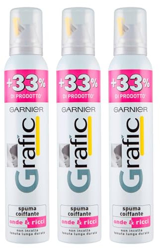 Garnier Grafic Spuma Coiffante Onde e Ricci Tripla Protezione a Lunga Tenuta con Agente Vegetale Fissante - 3 Flaconi da 200ml