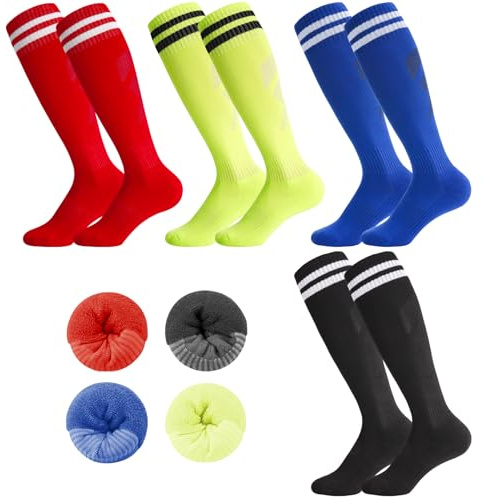 Meng Jiaran 4 Pairs Kids Football Socks, Childrens Football Socks Kids Long Breathable Soccer Socks for Daily Running Training Sporting Socks for Boys Aged 5-12(4 Colors)