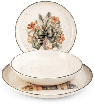H&H, servizio tavola 12 pezzi Winter Charme, set tavola natalizio, decoro albero di natale, in stoneware, lavabile in lavastoviglie