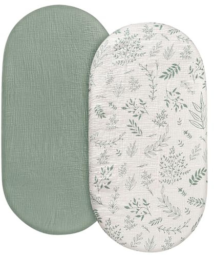 Spannbettlaken Kinderwagen 2er-Pack,Kinderwagen Matratzenbezug für Neugeborenes 100% Musselin-Baumwolle Moseskorb Stubenwagen Spannbetttuch Bezug Grün 83 x 43 cm