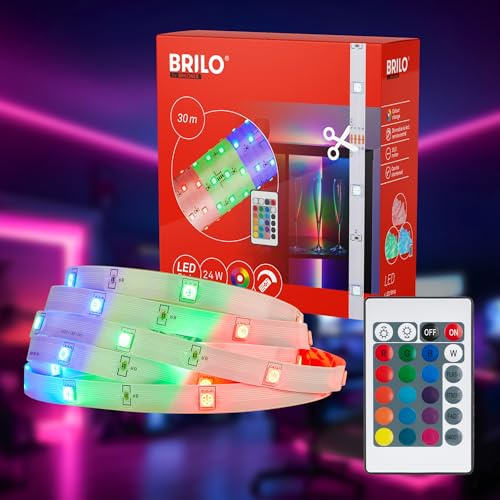 BRILONER - Striscia LED 30m con telecomando, colori di luce multicolore RGB, autoadesiva, striscia LED, barra LED, decorazione di ambienti, banda luminosa LED, bianco