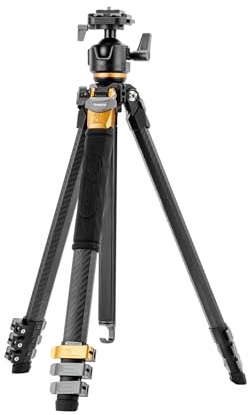 Fotopro Kompakt kolfiberstativ, 152 cm profilben bärbart resestativ, professionellt slitstarkt stativ max belastning 15 kg med superstort kulhuvud väderbeständig väska, fotopro ursprung gyllene