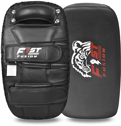 FIST Fusion Thai Kick Boxing Pad, Professional Training Strike Shield, Black Leather, MMA Kicking Heavy Duty Curved Thai Pad x1 (Black)