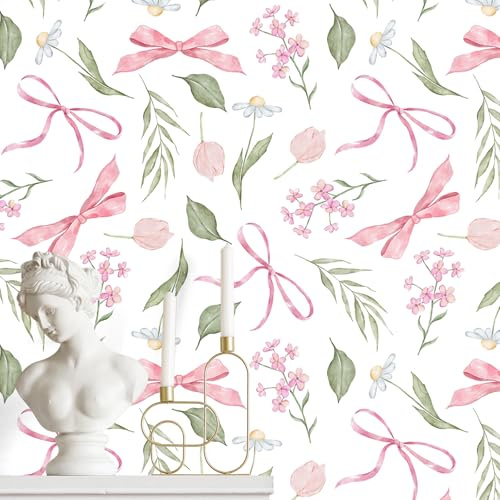 Faccito Pink Bow Floral Peel and Stick Wallpaper 15. 75 x 118 Inch Watercolor Bow Flowers Wallpaper Coquette Aesthetic Wall Paper Adhesive Removable Room Decor for Girls Bedroom Kids Room Cabinets