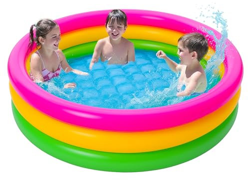 Akitaink Piscina per bambini Baby 3 Anelli 102x25 cm | Rosa Giallo Verde, Fondo Morbido, PVC Sicuro, Per Bambini 1-3 Anni