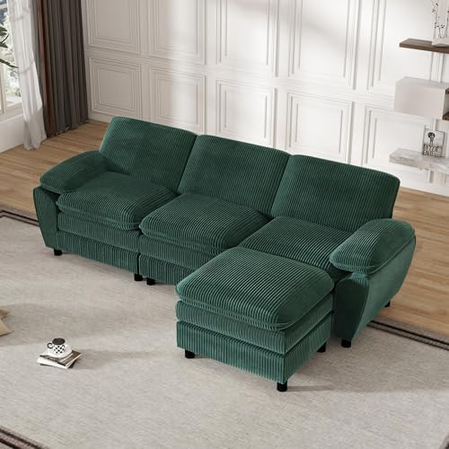 Modern hörnsoffa hörnsoffa med avtagbar pall, 3-sitsig L-formad soffa soffa med kuddar och armstöd för vardagsrum, lägenhet, kontor (grön)