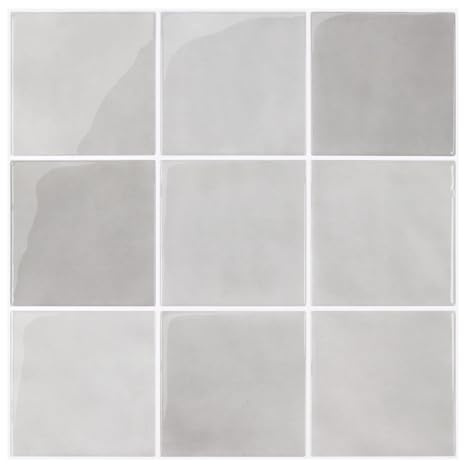 Commomy Gruesas Azulejos Adhesivos Cocina, 10-Piezas, 30.5 x 30.5cm, Gris Claro Baldosa Vinilo Cocina Pared Autoadhesivos 3D, Salpicadero Baldosas Adhesivas para Pared Cocina Baño y Metro