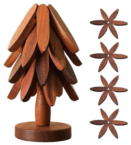 Untersetzer Holz, Topfuntersetzer Set in Walnuss, 4 Stück mit Ständer, Baum Design, für Tisch und Küche, Schutz vor Hitze und Kratzern