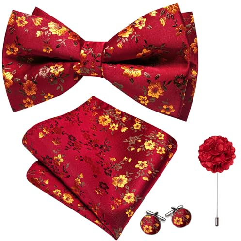Barry.Wang Mens Bowties Paisley Flower Silk Bow Tie Lapel Pin Set with Handkerchief Cufflink Wedding Business