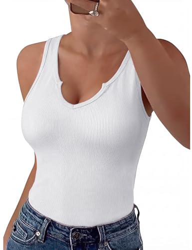 PASUDA Camiseta sin Mangas Mujer Verano Camisetas Tirantes Sexy Acanalada Básica Tank Top Cuello en V Ajustada Chaleco Deportivo Casual Sólido Elástico (Blanco, XL)