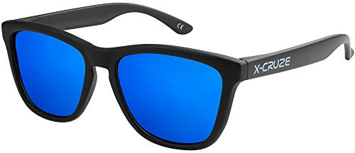 X-CRUZE® 9-006 Gafas de sol Nerd polarizadas estilo Retro Vintage Unisex Caballero Dama Hombre Mujer Gafas - negro mate LW/azul tipo espejo