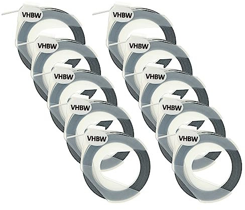 vhbw 10x 3D Prägeband-Schriftband-Kassette kompatibel mit Dymo 1610, 1595GY, 1745, 1755, 1765, 1805 Etiketten-Drucker 3m x 9mm Weiß auf Schwarz