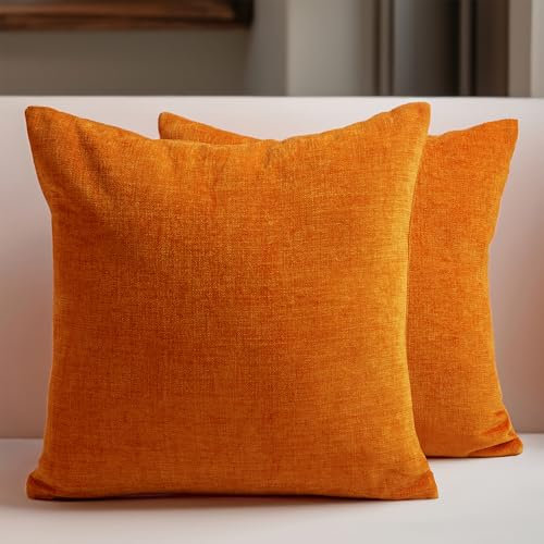 Encasa XO Chenille Kissenbezüge Set von 2 | Orange - (16x16) (40x40 cm) | Dekorative Akzent Quadratische Wurfkissenbezüge Für Couch, Heimdekoration, Sofa