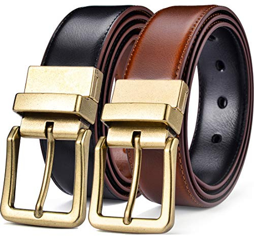 Beltox Men’s Belts Reversible Leather 1.25” Wide 1 for 2 Rotate Buckle Gift Box (Antique Gold Buckle with Black/LT Brown Belt, 30-32)