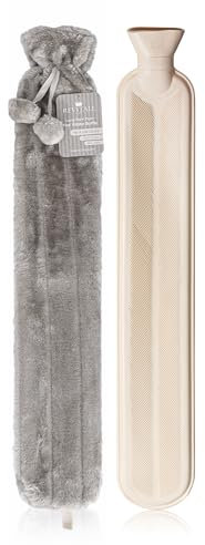 Revitale Extra Long Hot Water Bottle with Soft Faux Fur Pom Pom Cover – 72cm, 2 Litre British Standard (Slate Grey)