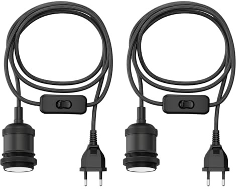 ledscom.de 2 st textilkabel RETRA, kontakt, strömbrytare, matt svart, 3 m, lampfattning, 1 st E27 max. 60 W