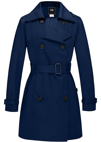 Wantdo Gabardina Impermeable con Doble Botonadura para Mujer Abrigo Ligero a Prueba de Viento Charreteras con Cinturón Chaqueta Ajustada Azul Marino 38