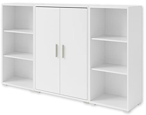 Stella Trading Office LINE Aktenregal in Weiß-Breites Standregal mit 2 Türen und 6 offenen Fächern-Modernes Büromöbel Komplettset, Holzwerkstoff, 184 x 114 x 35 cm