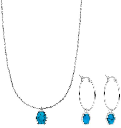 Purelei® Hopena Schmuckset (Gold, Silber, Rosegold), Damen Schmuckset aus langlebigem Edelstahl, Wasserfeste Halskette und Ohrringe mit Natursteinen aus Türkis (Silber)