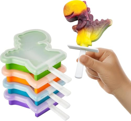 Tovolo Dinosaur Popsicle Molds for Kids Pack of 4 Dino Ice Pop Molds with Sticks, Stackable Popsicle Molds or Toddlers, BPA Free Silicone Fun Frozen Ice Popsicle Molds with Drip Guards
