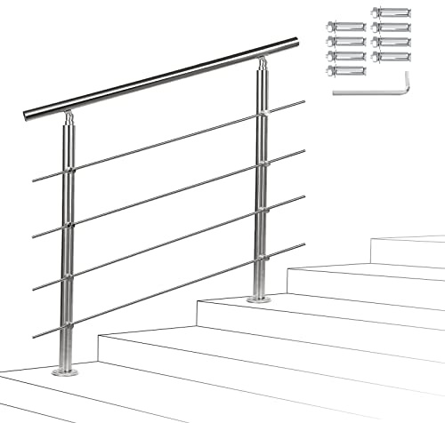 Joparri Rampe d'escalier de 180 cm avec 4 traverses, main courante en acier inoxydable, angle réglable, rampe pour intérieur et extérieur