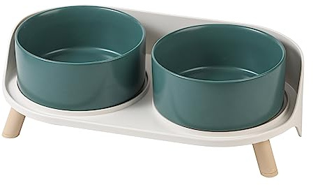 Elevated Dog Food Water Bowl - Raised Dog Bowls with Stand Non Skid - Double Dog Feeding Bowl Set with Splash Proof Guard - Ceramic Pet Dish for Small to Medium Dogs and Large Cats - 11.3 oz - Green