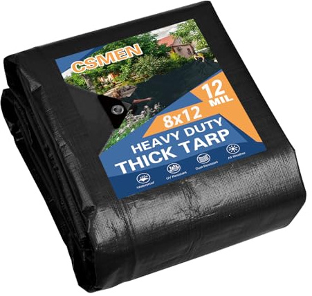 CSMEN Tarp Heay Duty Waterproof 8x12ft,Black Tarp Cover Plastic Poly Tarpaulin for Outdoor Cover,Emergency Rain,Roof, Pool, Boat,Camping - Multipurpose with 12Mil Thickness