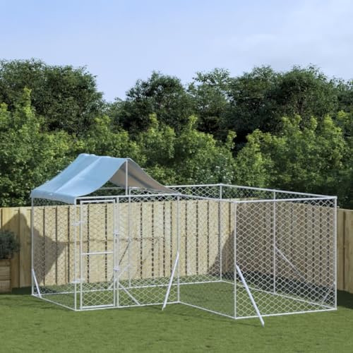 LAPOOH Outdoor-Hundezwinger mit Dach Silbern 4x4x2,5m Verzinkter Stahl~Kaninchenstall, Legenester Für Hühner, Hühnerhaus, Hasenstall Draußen 3190470
