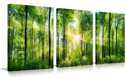 Forest Art Canvas Wall Decor: 3 Panel Nature Wall Art Landscape Paintings Framed Trees Green Pictures Sunrise Scenery Wall Decor for Living Room Bedroom Office Bathroom 12 x 16 Inch