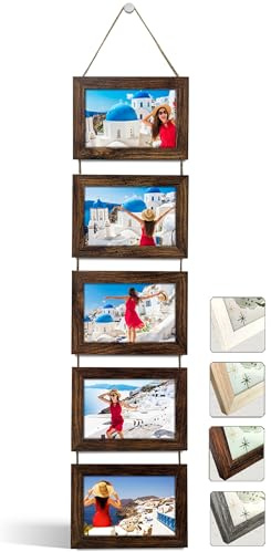 NEOWS Set Cornici Foto Multiple da Parete con Corda - Portafoto Multiplo Decorativo con Cornici in Legno - Collage Foto da Appendere al Muro- Cornici 10x15 cm (Legno Invecchiato, 5 Foto Orizzontale)