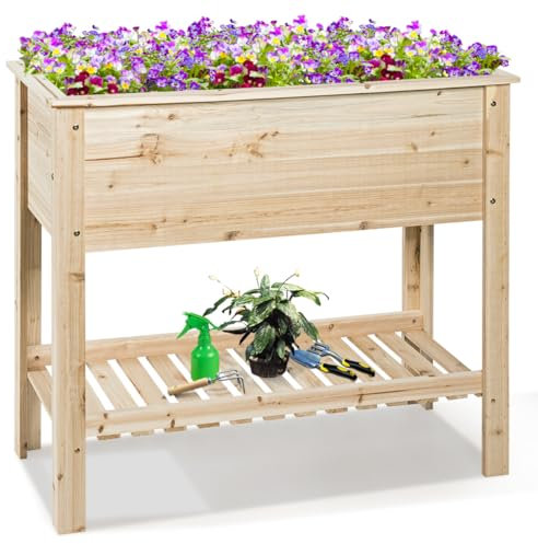 HOMASIS Fioriera Rialzata da Esterno in Legno di Abete, Orto Rialzato con Fori di Drenaggio, Letto da Giardino per Piante, Fiori, Erbe (con Ripiano, Naturale, 92 x 41 x 81 cm)