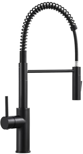 CECIPA Grifo de cocina de alta presión, color negro con 2 tipos de chorro, arco alto, grifo de cocina con ducha, muelle en espiral, color negro, giratorio 360°, grifo monomando para fregadero con